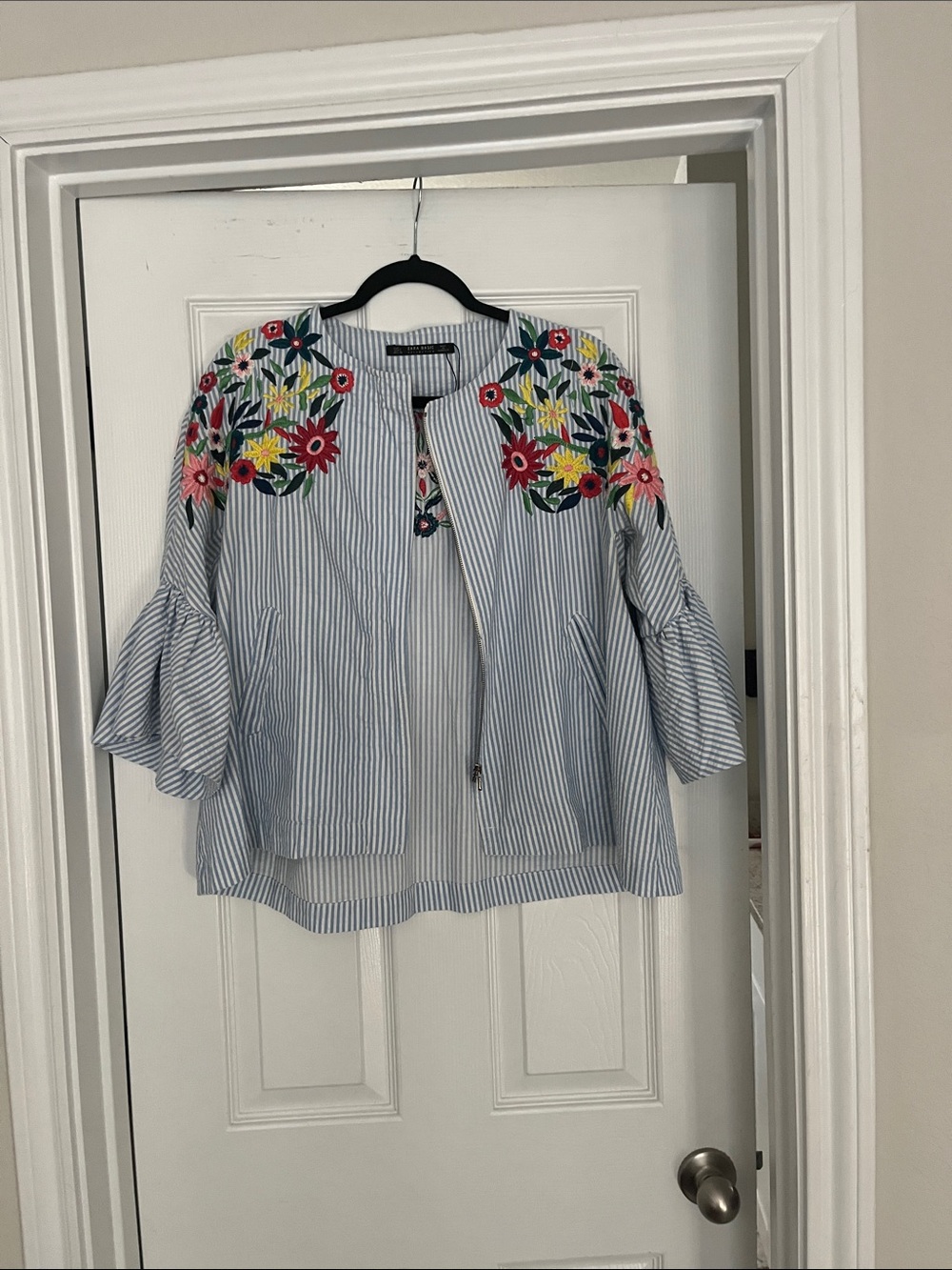 Zara Blue and White Striped Embroidered Floral Jacket